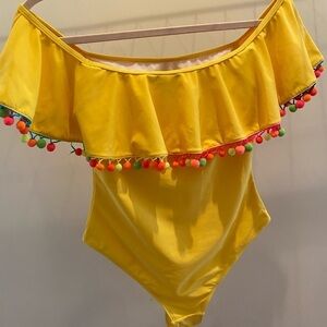 Yellow off shoulder one piece swim suit